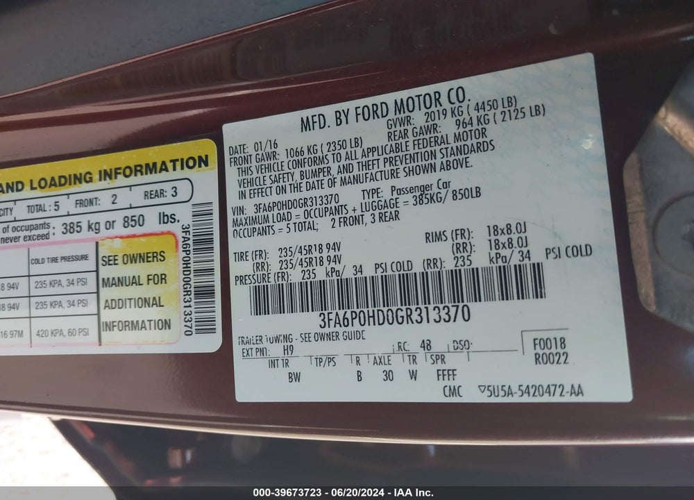2016 FORD FUSION SE VIN: 3FA6P0HD0GR313370