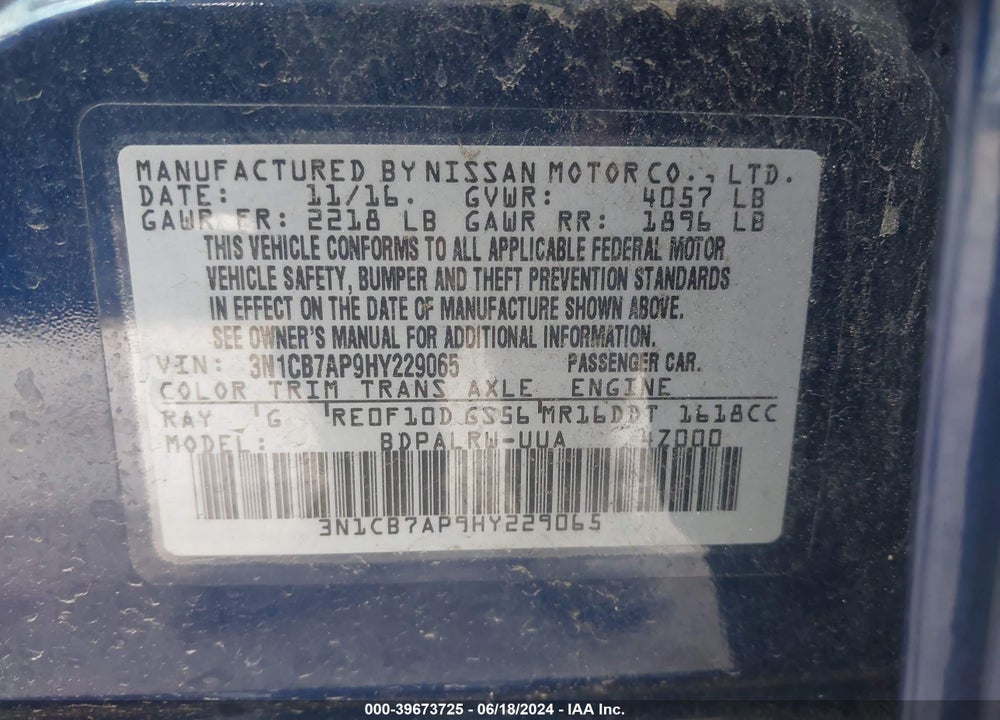 2017 NISSAN SENTRA SR TURBO VIN: 3N1CB7AP9HY229065