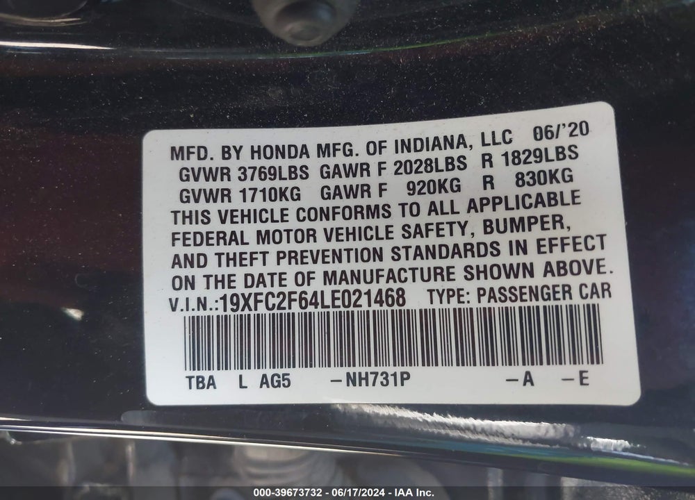 2020 HONDA CIVIC LX VIN: 19XFC2F64LE021468