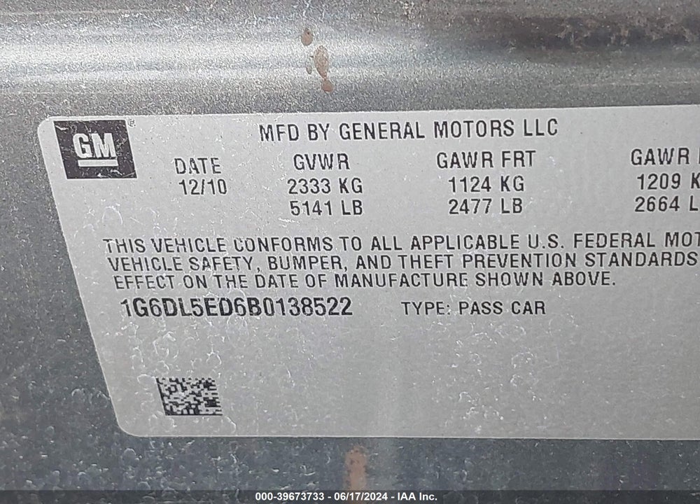 2011 CADILLAC CTS STANDARD VIN: 1G6DL5ED6B0138522