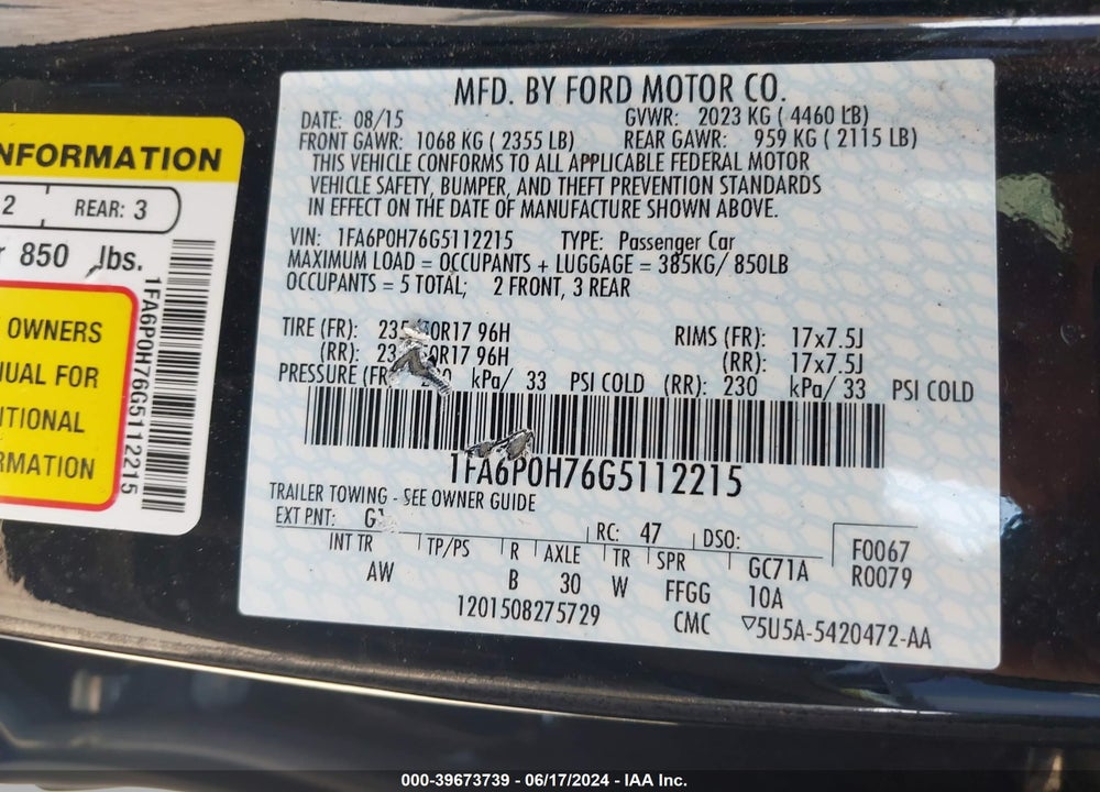 2016 FORD FUSION SE VIN: 1FA6P0H76G5112215