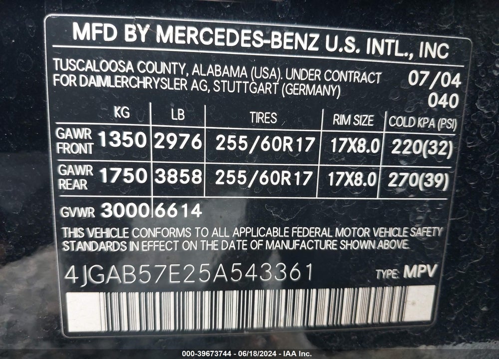 2005 MERCEDES-BENZ ML 350 VIN: 4JGAB57E25A543361