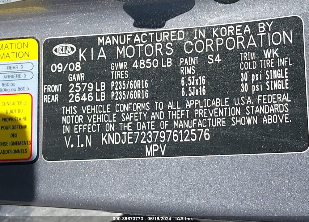 2009 KIA SPORTAGE EX V6 VIN: KNDJE723797612576