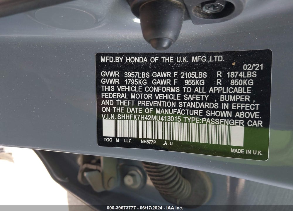 2021 HONDA CIVIC SPORT VIN: SHHFK7H42MU413015