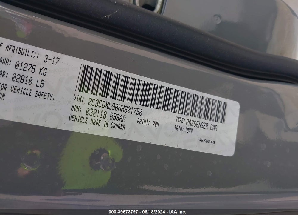 2017 DODGE CHARGER SRT HELLCAT RWD VIN: 2C3CDXL90HH601750