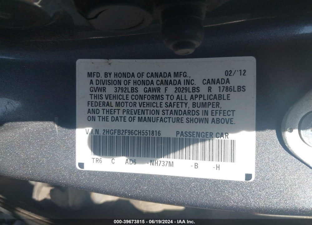 2012 HONDA CIVIC EX-L VIN: 2HGFB2F96CH551816