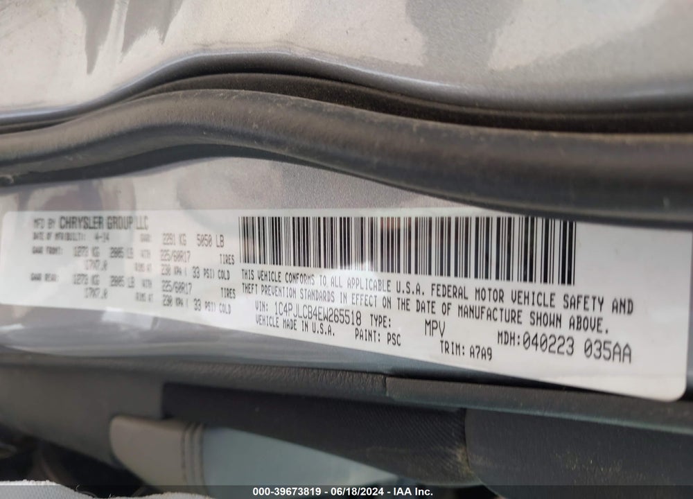 2014 JEEP CHEROKEE LATITUDE VIN: 1C4PJLCB4EW265518