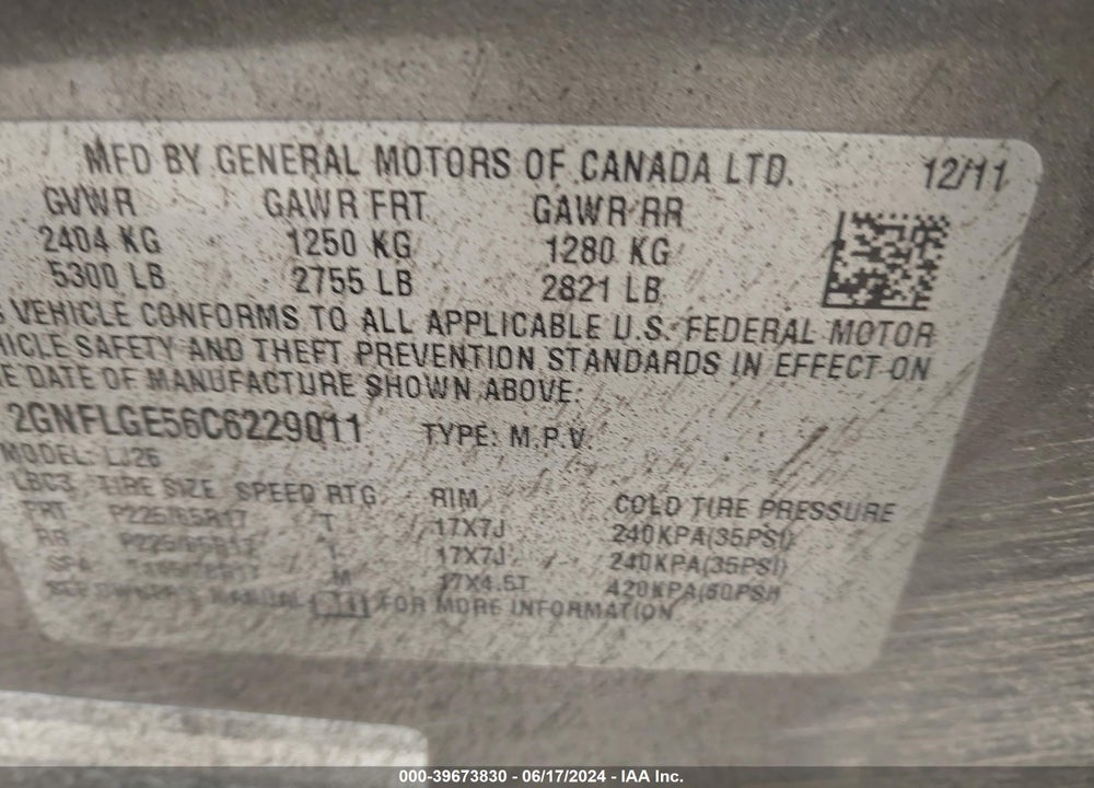 2012 CHEVROLET EQUINOX LTZ VIN: 2GNFLGE56C6229011