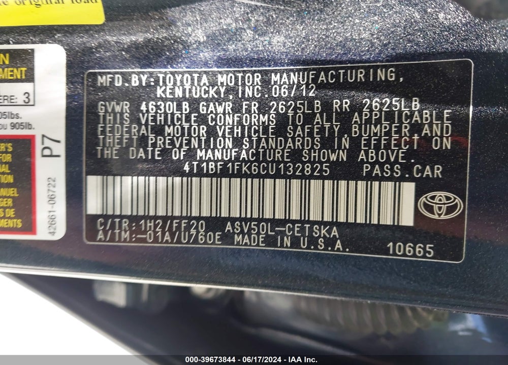 2012 TOYOTA CAMRY SE VIN: 4T1BF1FK6CU132825