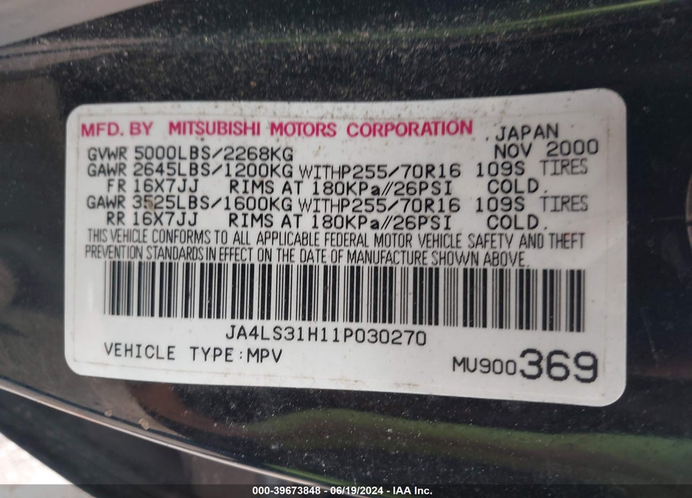 2001 MITSUBISHI MONTERO SPORT XLS VIN: JA4LS31H11P030270
