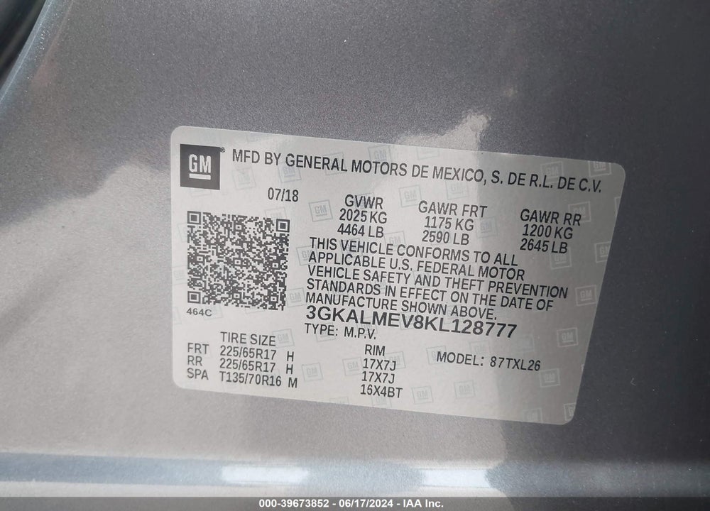 2019 GMC TERRAIN SLE VIN: 3GKALMEV8KL128777