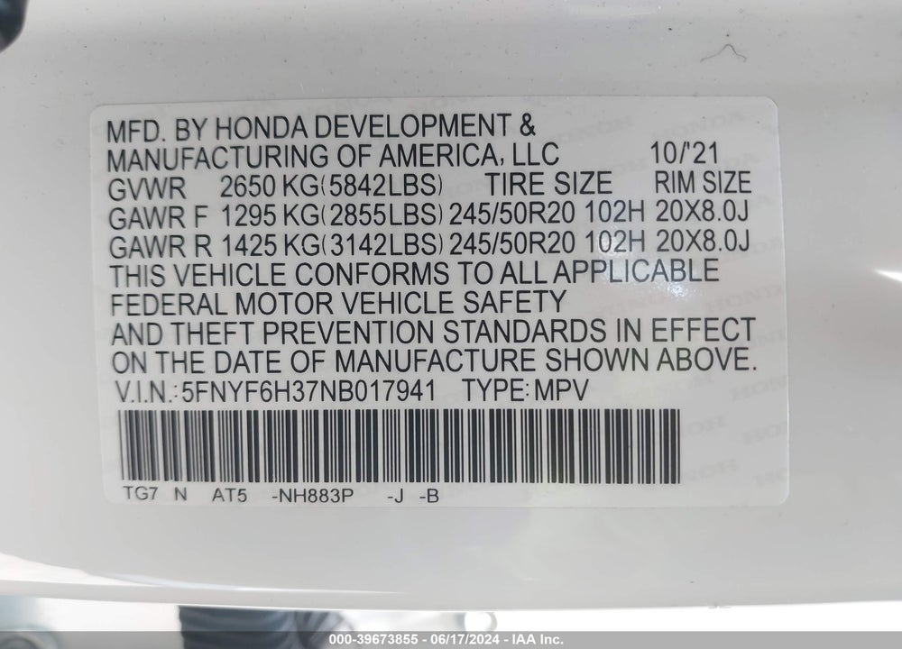 2022 HONDA PILOT AWD SPORT VIN: 5FNYF6H37NB017941