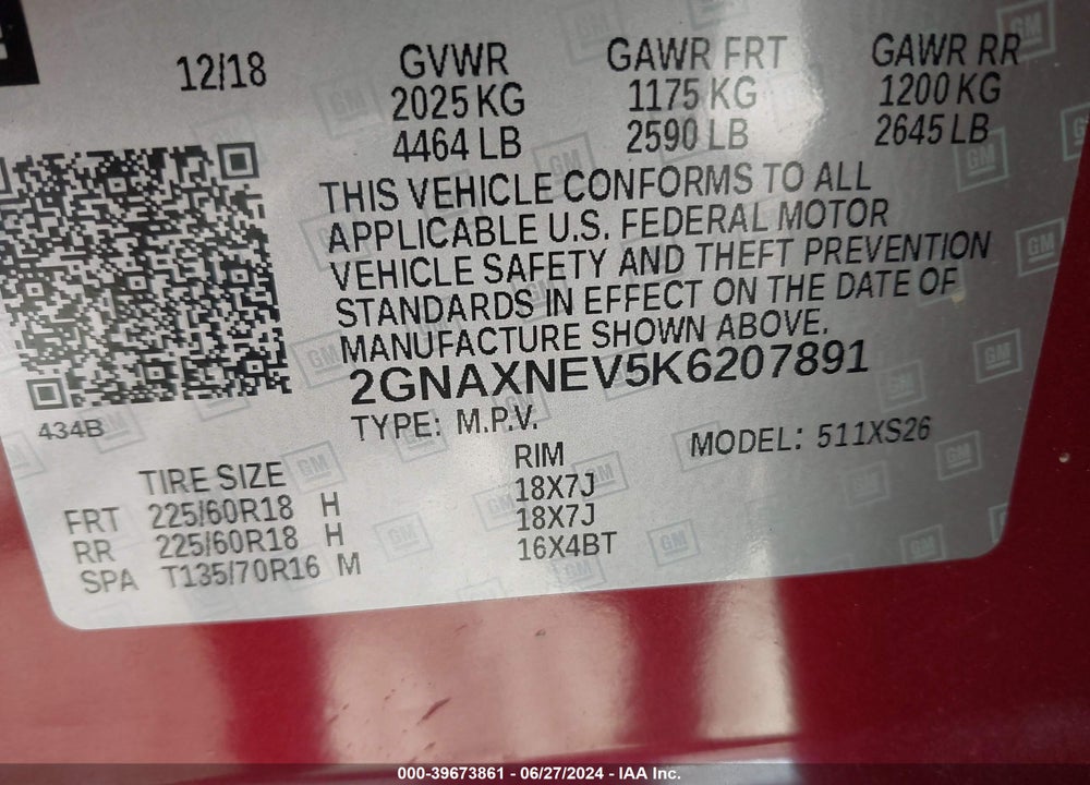 2019 CHEVROLET EQUINOX PREMIER VIN: 2GNAXNEV5K6207891