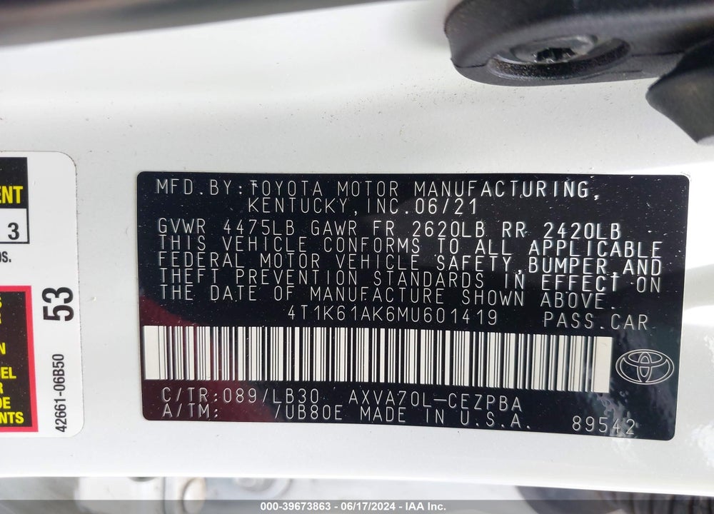 2021 TOYOTA CAMRY XSE VIN: 4T1K61AK6MU601419