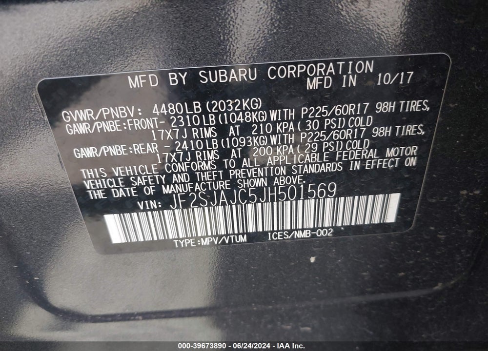 2018 SUBARU FORESTER 2.5I LIMITED VIN: JF2SJAJC5JH501569