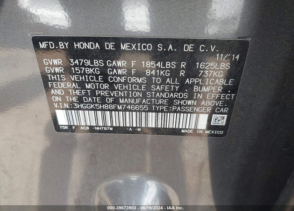 2015 HONDA FIT EX/EX-L VIN: 3HGGK5H88FM746655