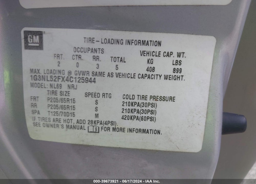2004 OLDSMOBILE ALERO GL1 VIN: 1G3NL52FX4C125944