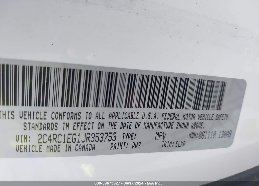 2018 CHRYSLER PACIFICA TOURING L PLUS VIN: 2C4RC1EG1JR353753
