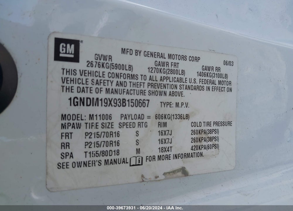 2003 CHEVROLET ASTRO VIN: 1GNDM19X93B150667