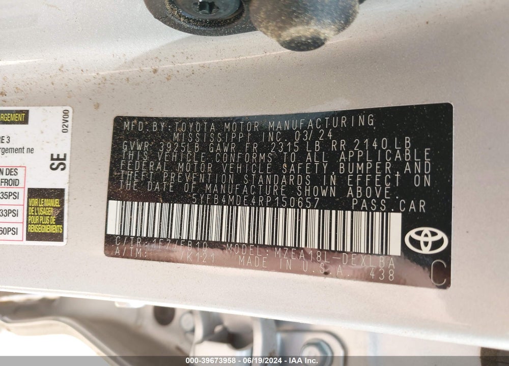 2024 TOYOTA COROLLA LE VIN: 5YFB4MDE4RP150657