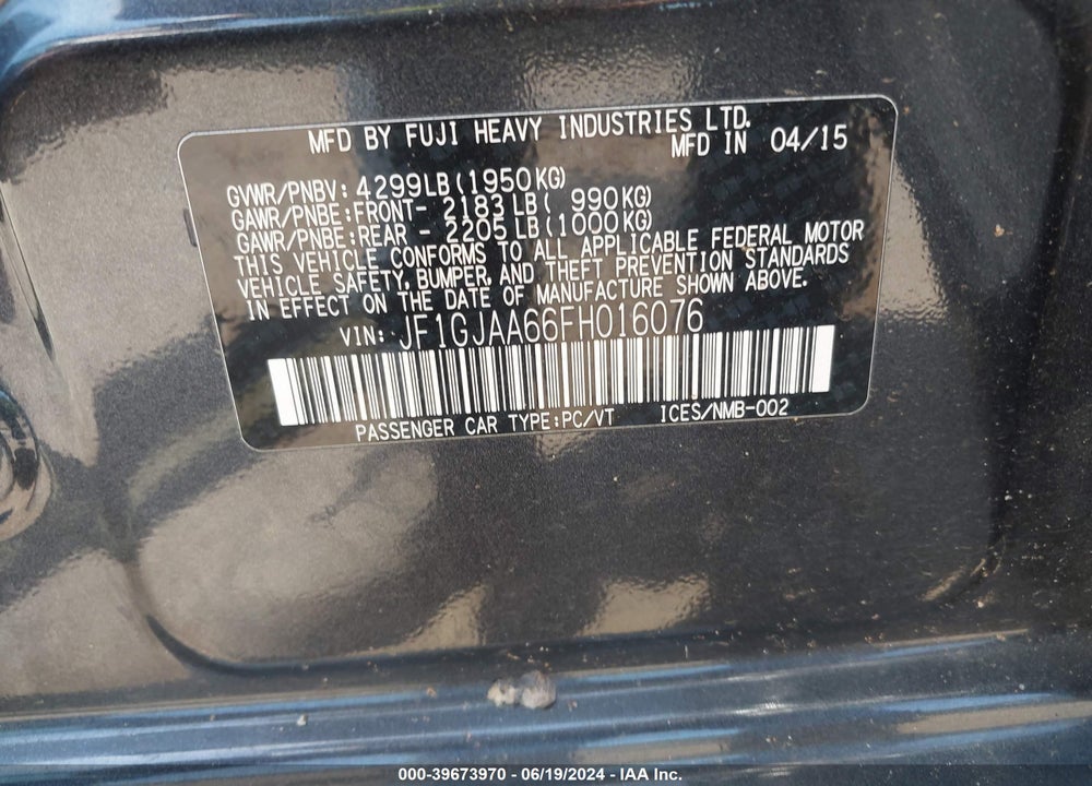 2015 SUBARU IMPREZA 2.0I VIN: JF1GJAA66FH016076