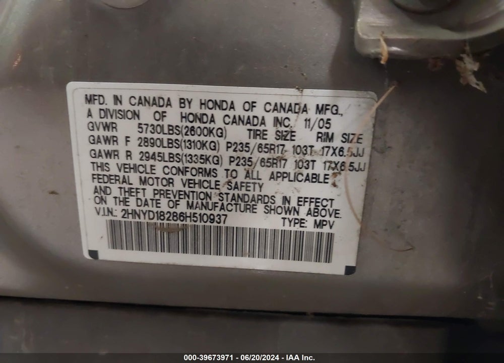 2006 ACURA MDX VIN: 2HNYD18286H510937