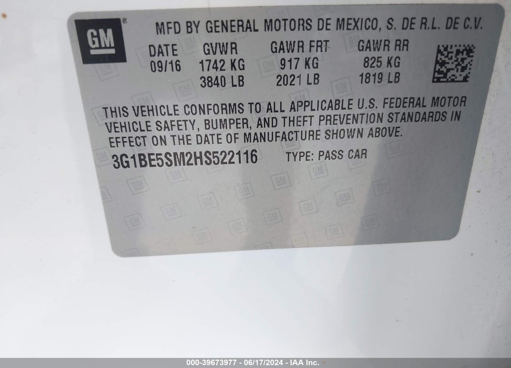 2017 CHEVROLET CRUZE LT AUTO VIN: 3G1BE5SM2HS522116