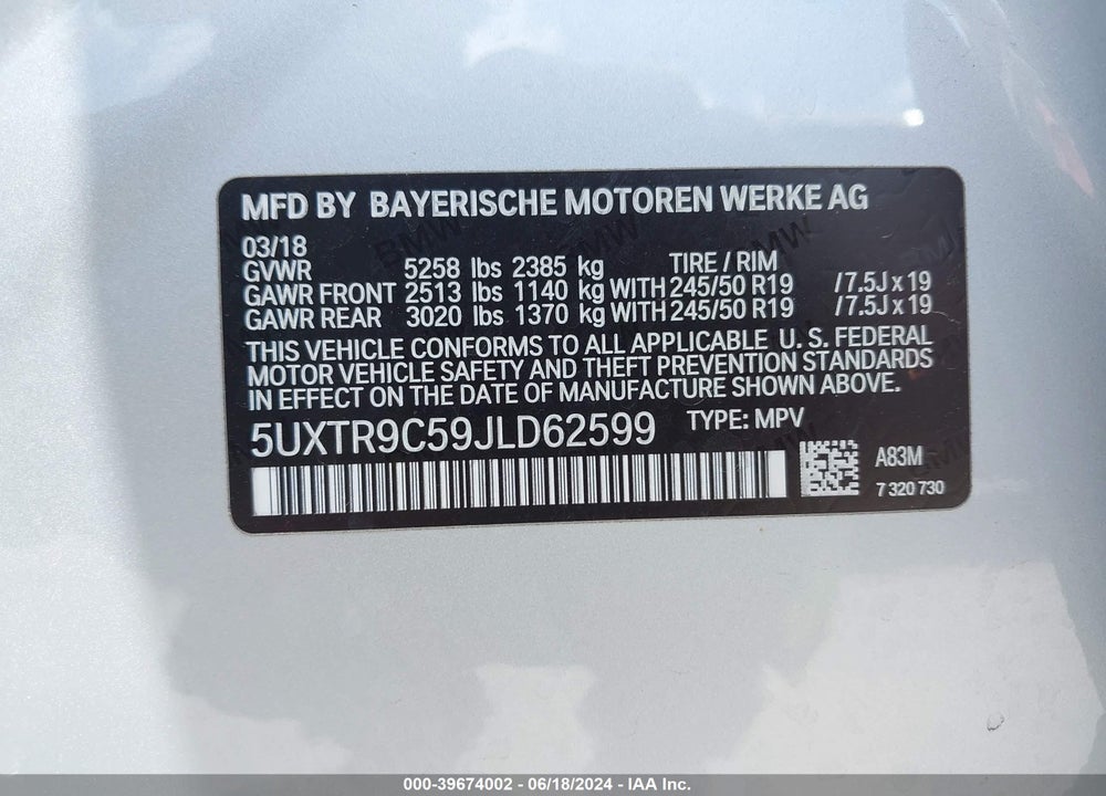 2018 BMW X3 XDRIVE30I VIN: 5UXTR9C59JLD62599