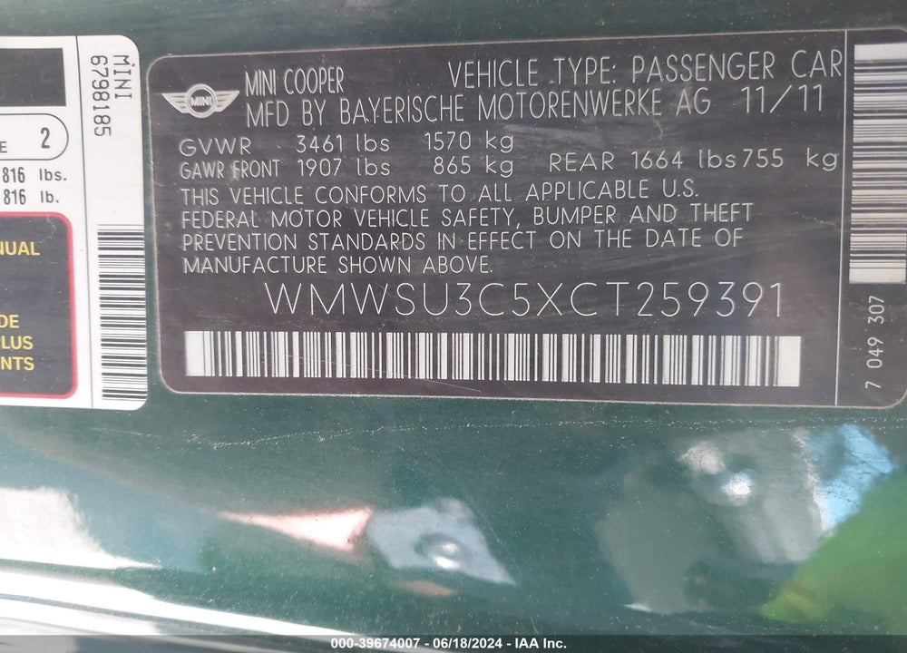 2012 MINI COOPER VIN: WMWSU3C5XCT259391