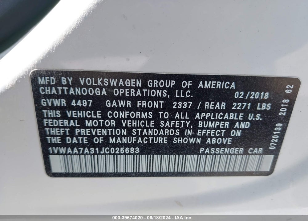 2018 VOLKSWAGEN PASSAT 2.0T R-LINE/2.0T S VIN: 1VWAA7A31JC025683