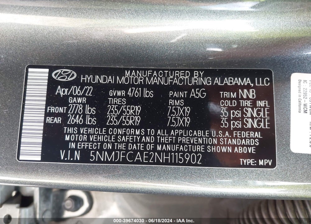 2022 HYUNDAI TUCSON SEL VIN: 5NMJFCAE2NH115902