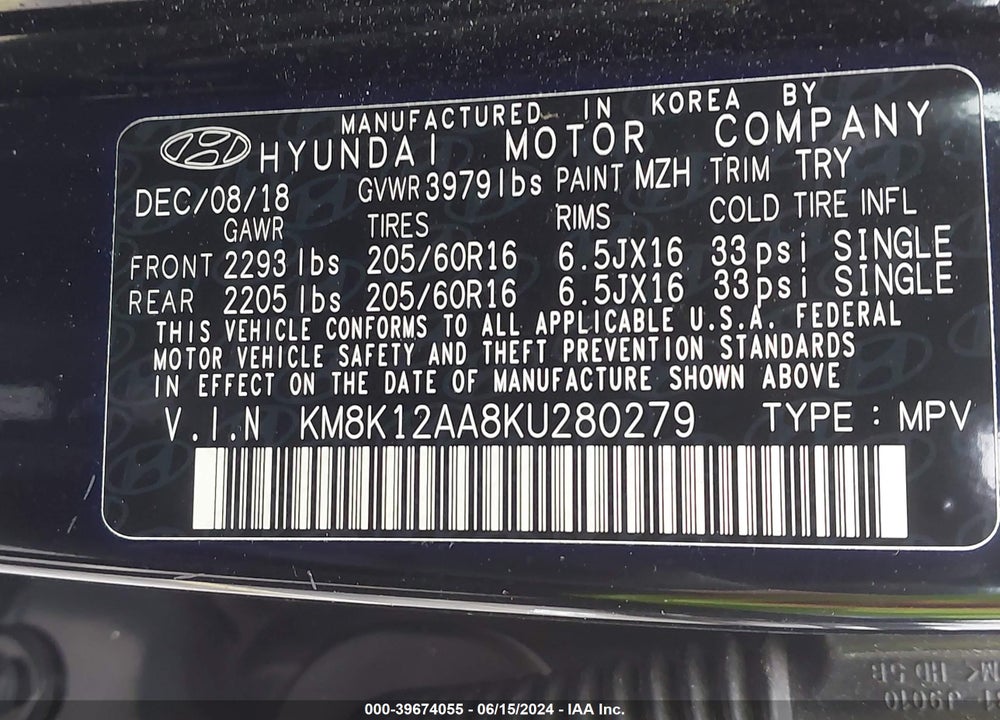 2019 HYUNDAI KONA SE VIN: KM8K12AA8KU280279