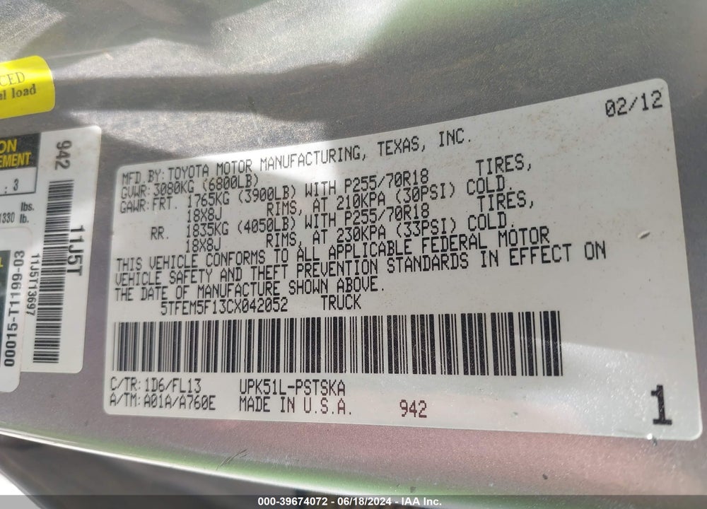2012 TOYOTA TUNDRA GRADE 4.6L V8 VIN: 5TFEM5F13CX042052