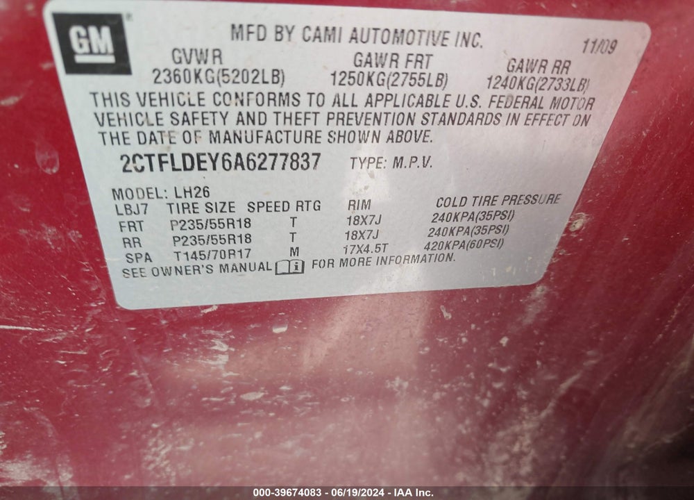 2010 GMC TERRAIN SLE-2 VIN: 2CTFLDEY6A6277837