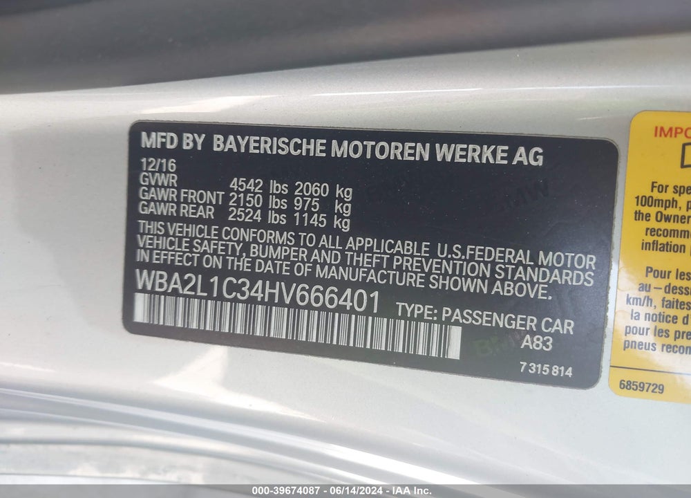 2017 BMW M240I VIN: WBA2L1C34HV666401