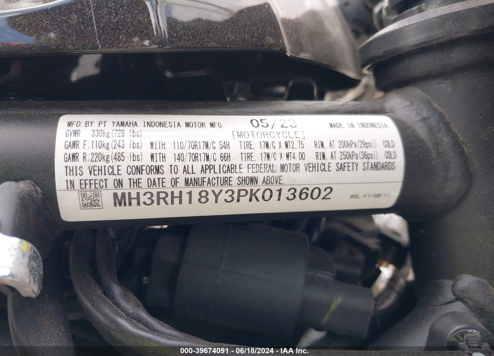 2023 YAMAHA YZFR3 A VIN: MH3RH18Y3PK013602