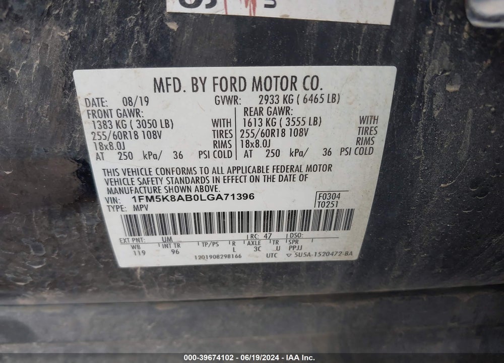 2020 FORD POLICE INTERCEPTOR UTILITY VIN: 1FM5K8AB0LGA71396