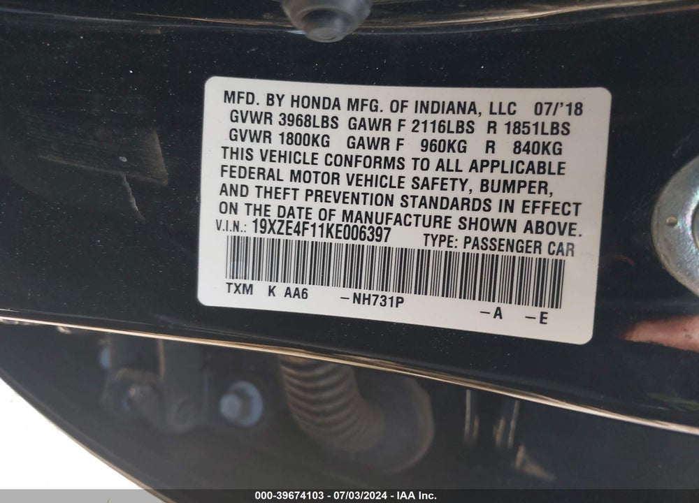 2019 HONDA INSIGHT LX VIN: 19XZE4F11KE006397