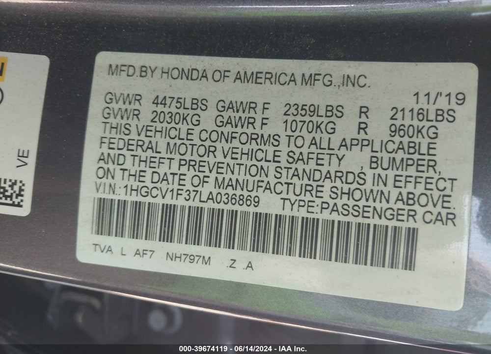 2020 HONDA ACCORD SPORT VIN: 1HGCV1F37LA036869