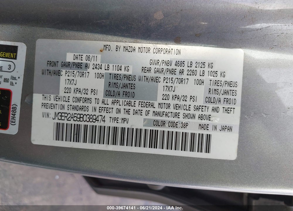 2011 MAZDA CX-7 I SV VIN: JM3ER2A59B0389474