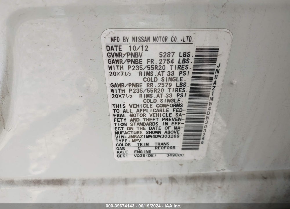 2013 NISSAN MURANO LE VIN: JN8AZ1MW4DW303269