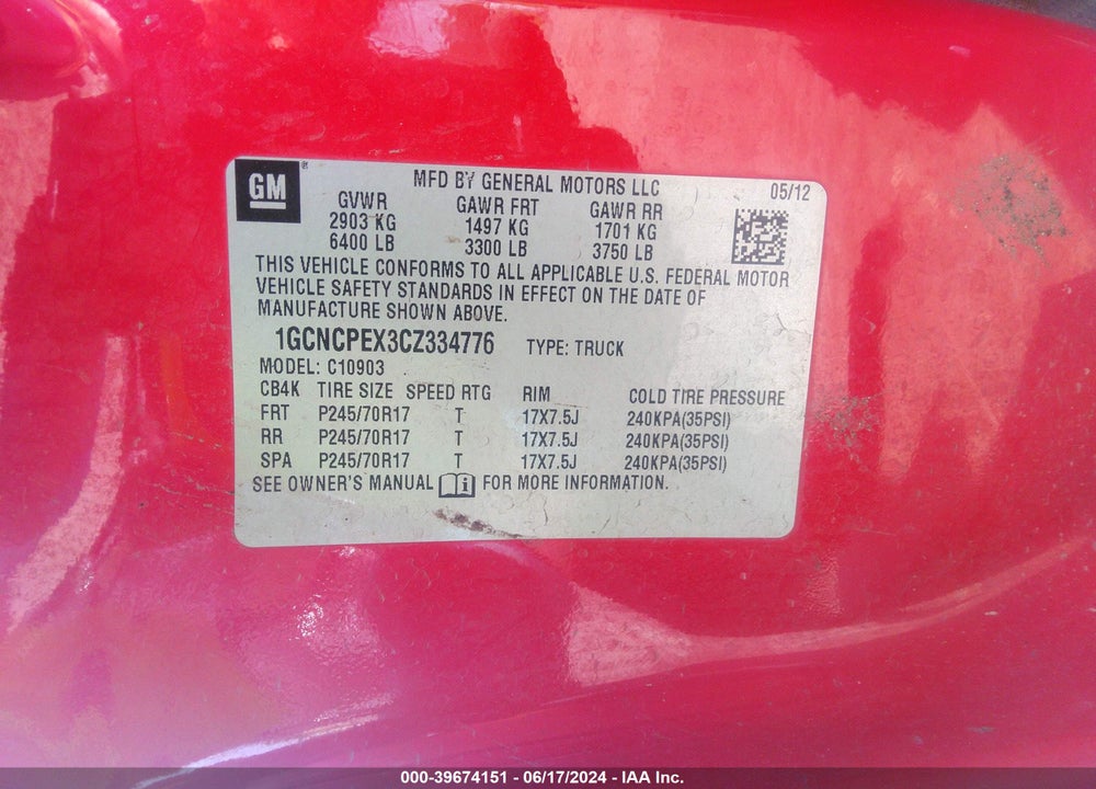 2012 CHEVROLET SILVERADO 1500 WORK TRUCK VIN: 1GCNCPEX3CZ334776