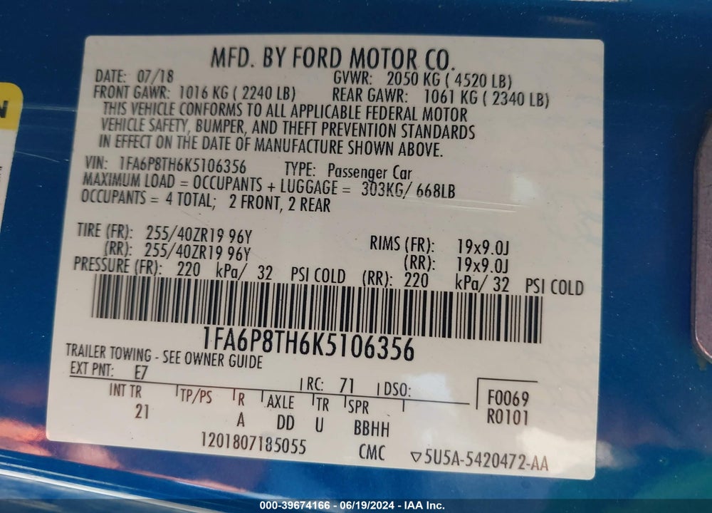 2019 FORD MUSTANG ECOBOOST VIN: 1FA6P8TH6K5106356