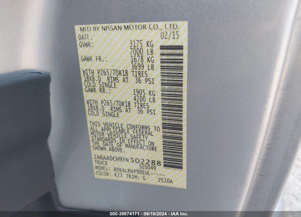 2015 NISSAN TITAN S VIN: 1N6AA0CH9FN502288