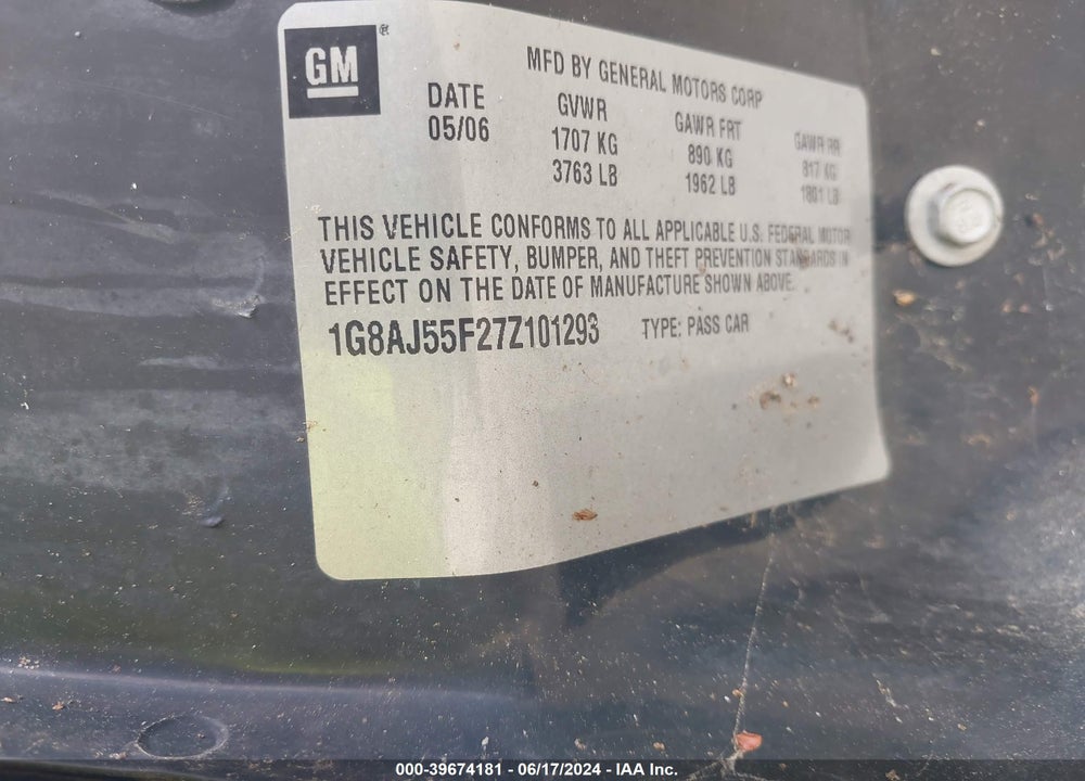 2007 SATURN ION 2 VIN: 1G8AJ55F27Z101293