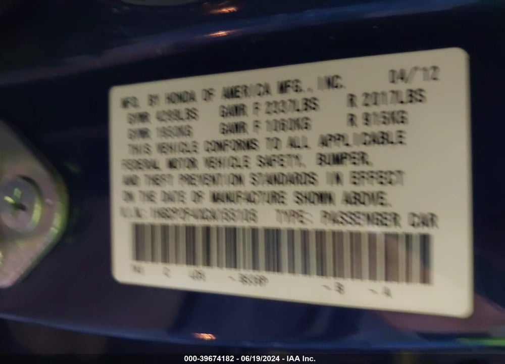 2012 HONDA ACCORD 2.4 LX-P VIN: 1HGCP2F4XCA155105