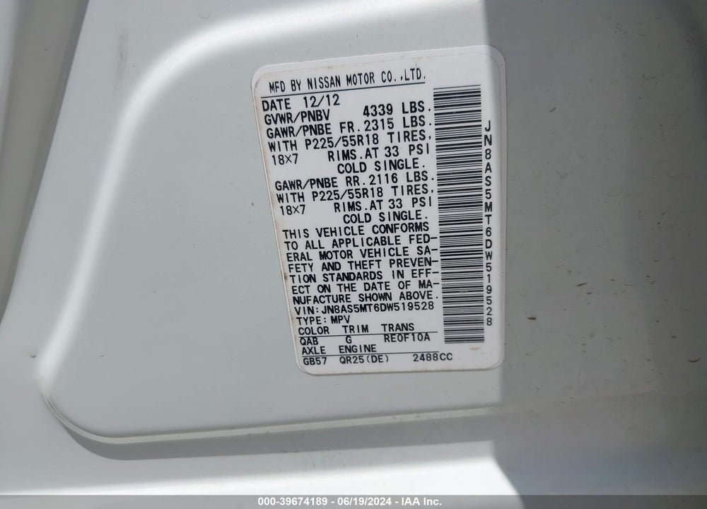 2013 NISSAN ROGUE SV W/SL PKG VIN: JN8AS5MT6DW519528