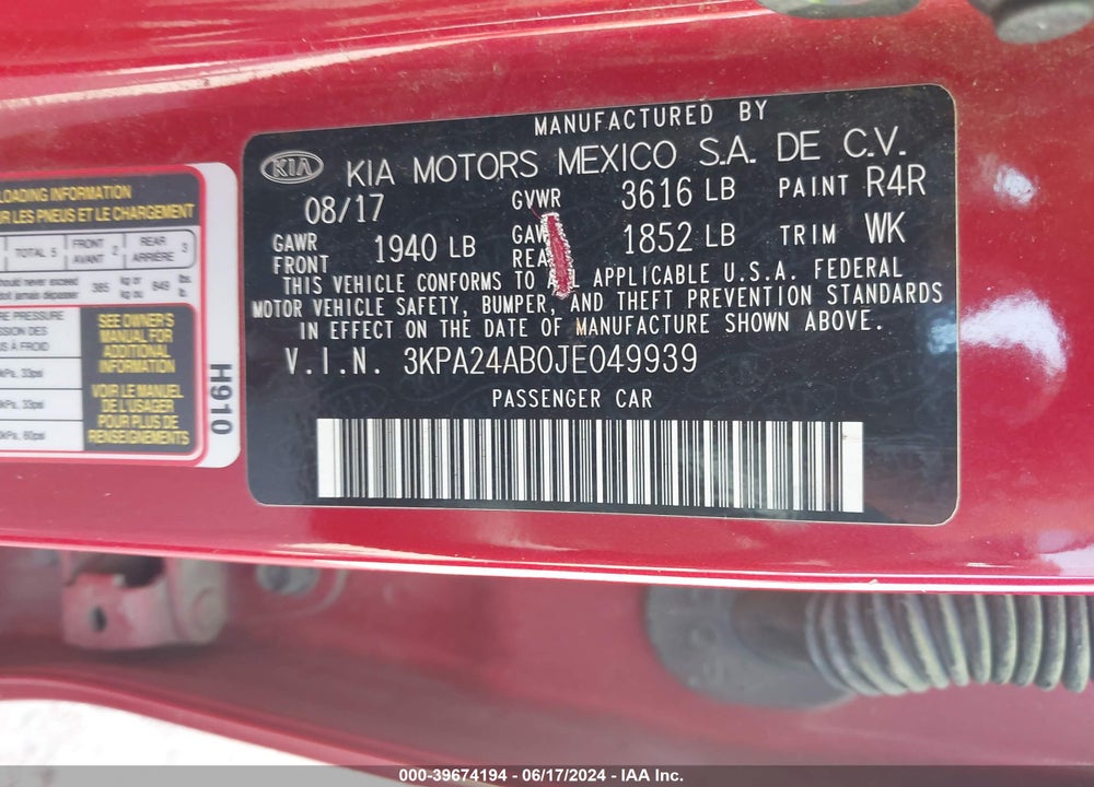 2018 KIA RIO S VIN: 3KPA24AB0JE049939