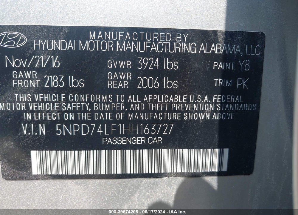 2017 HYUNDAI ELANTRA SE VIN: 5NPD74LF1HH163727