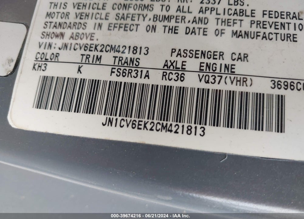 2012 INFINITI G37 SPORT VIN: JN1CV6EK2CM421813